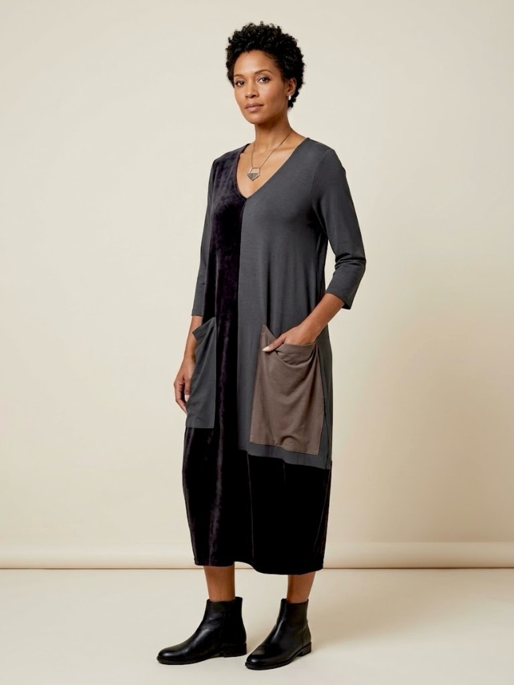 ALEMBIKA Black Velvet Jersey Knit Mixed Media Cocoon Dress Size US 12-14